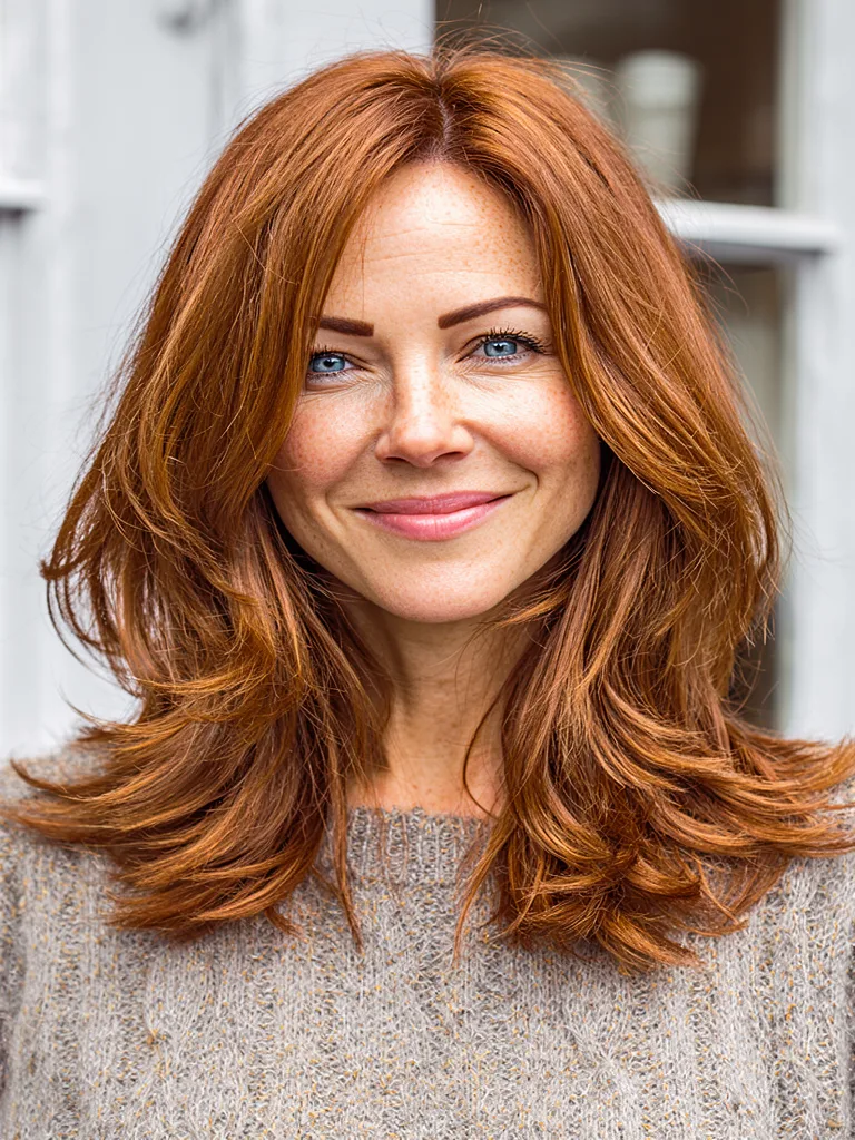 Shoulder-Length Wavy Layers in Warm Copper Auburn